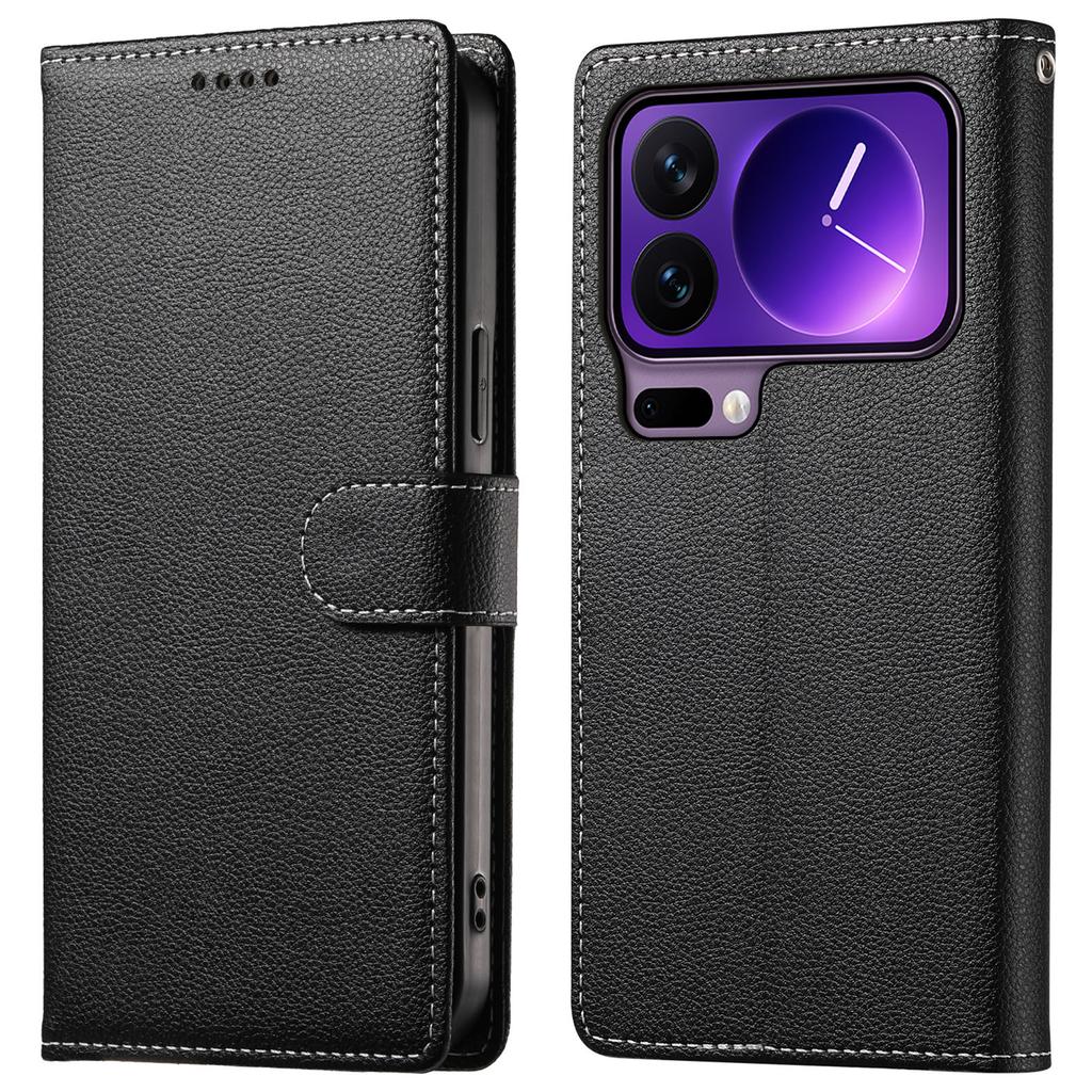 For Xiaomi 17 Pro Case Magnetic Snap Litchi Texture Leather Wallet Phone Cover with Wrist Strap