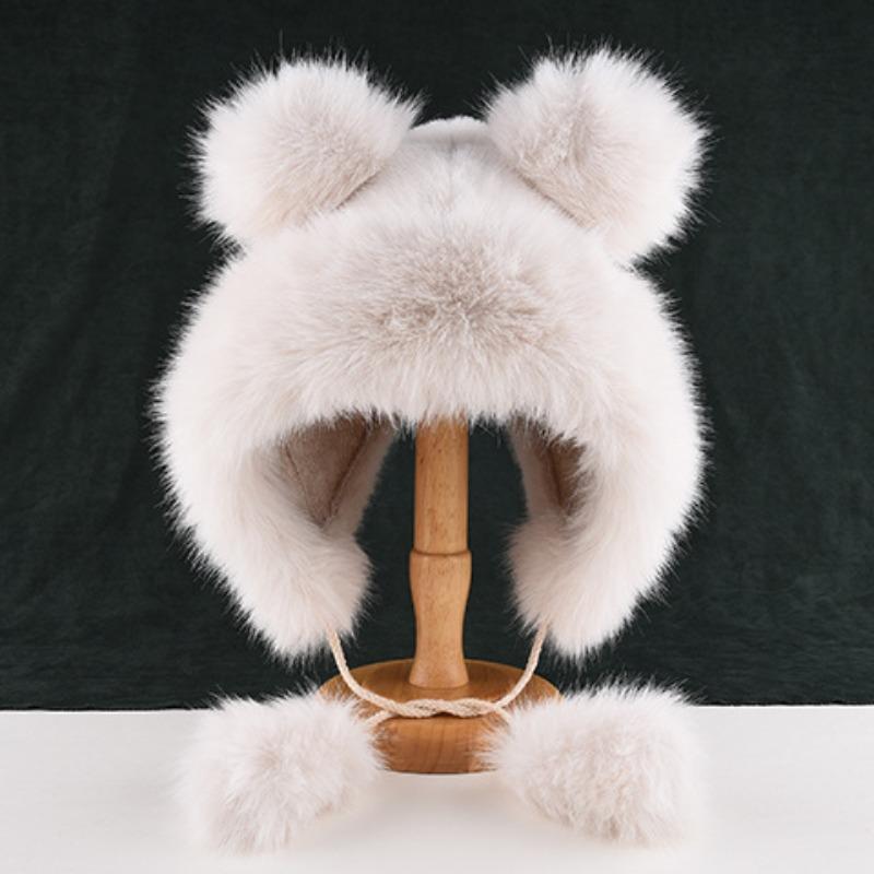 

Милая шапка с ушками медведя женская осень и зима с теплой плюшевой шапкой белая защита ушей пушистая шапка Lei Feng One Size бежевый