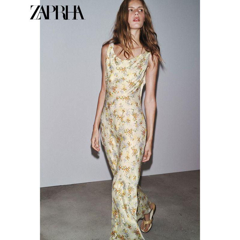 Zaprha 2025 Summer New Versitile Fashion Print Silk Satin Texture V-neck Backless Dress 3749846