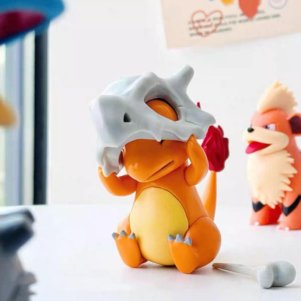 8cm Cartoon Charmander Model Wear A Cubone Helmet Anime Figure Pokemon GK Boy Collection Desktop Decoration Ornament Toy Gift