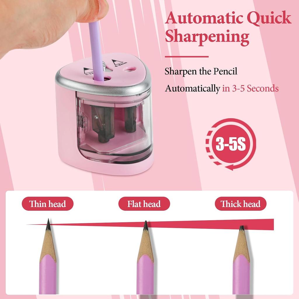 Electric Pencil Sharpener with Double Hole, Battery Operated Automatic Sharpener with 2 Extra Knife Holders, for 6-8mm/9-12mm