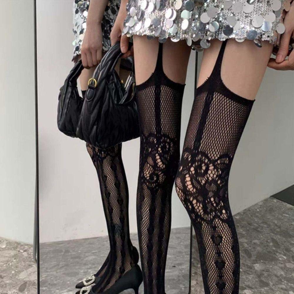 Lace Flower Mesh Pantyhose Nylon Suspender Stockings Retro Thigh High Stockings  Night Club