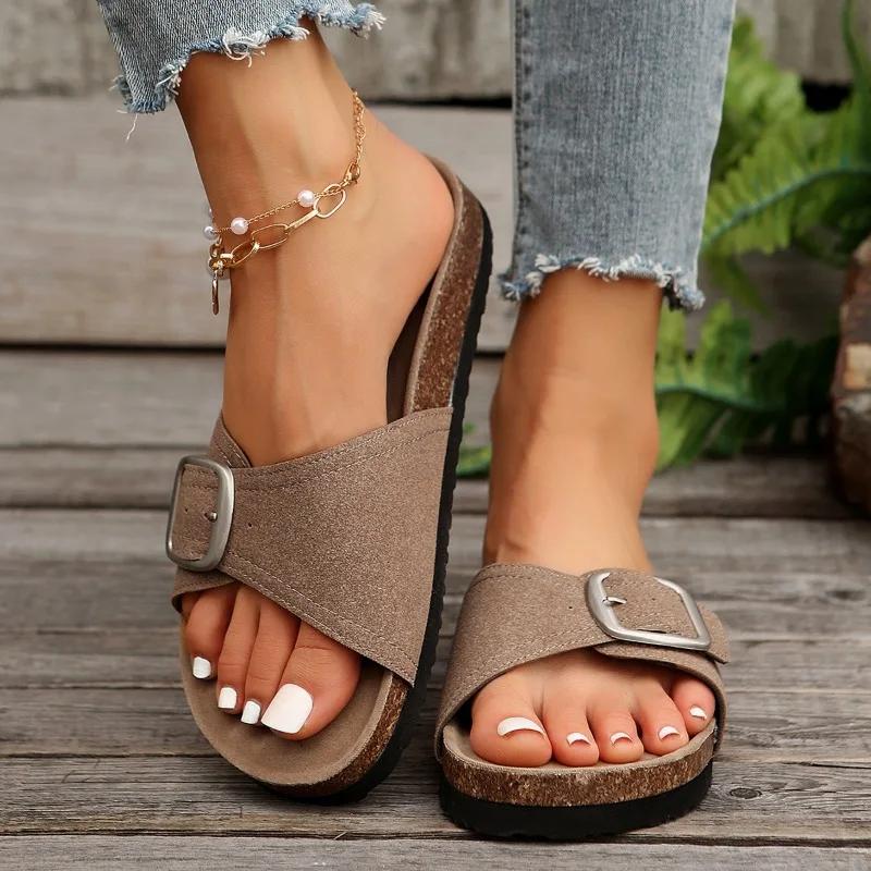 Fashion Ladies Shoes 2024 Hot Sale Slingbacks Women's Slippers Summer Open Toe Rome Buckle Solid Flat Casual Beach Large Size Slippers