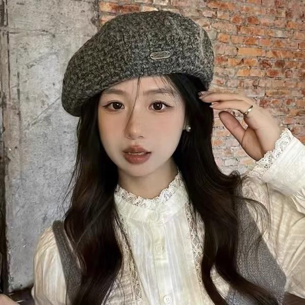 Knitted wool beret women's autumn and winter face small versatile painter hat big head circumference warm bud hat