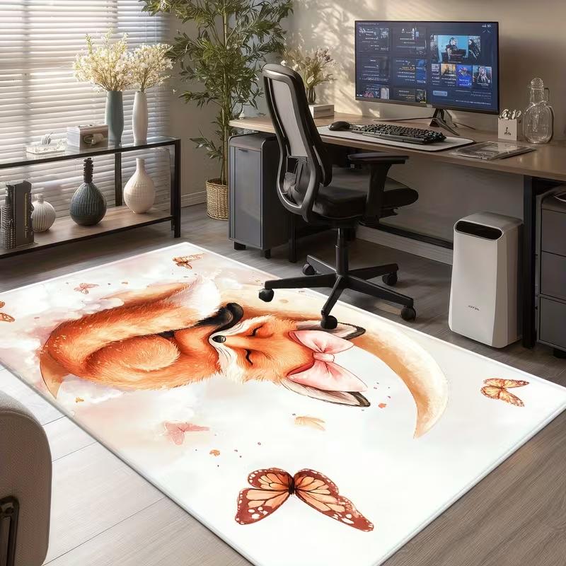 Fox Cartoon Rug Kids Room Cute Pink Bow Animal Carpet Baby Play Mat Indoor Outdoor Rug Soft Comfortable Safe Children Decor