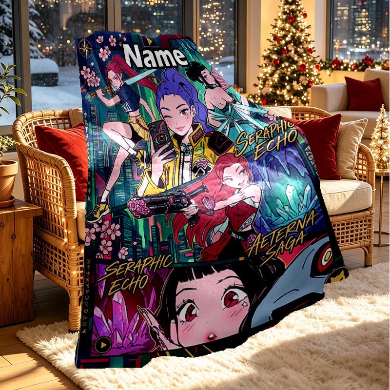 Custom Name Personalized Kpop Demon Hunter Print Blanket, Home Decor, Bedroom, Sofa, Camping, Couch, Gifts for Birthday Christmas