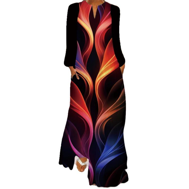 Long Sleeve Dress New Fashion Women's Clothing 3D Colorful Printing Stage Show Travel Photo Pocket V Neck Dress