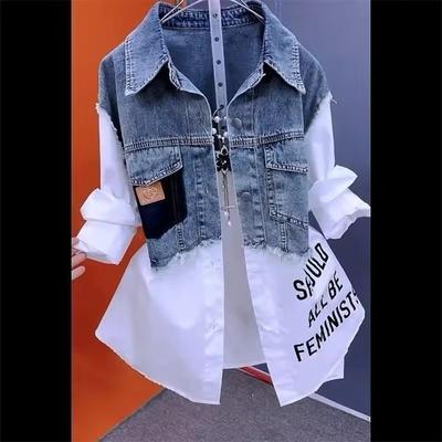 Fashion Denim Shirt Women Tops Splicing Denim Jacket Spring Autumn Korean Casual Jean Coat Female Windbreaker