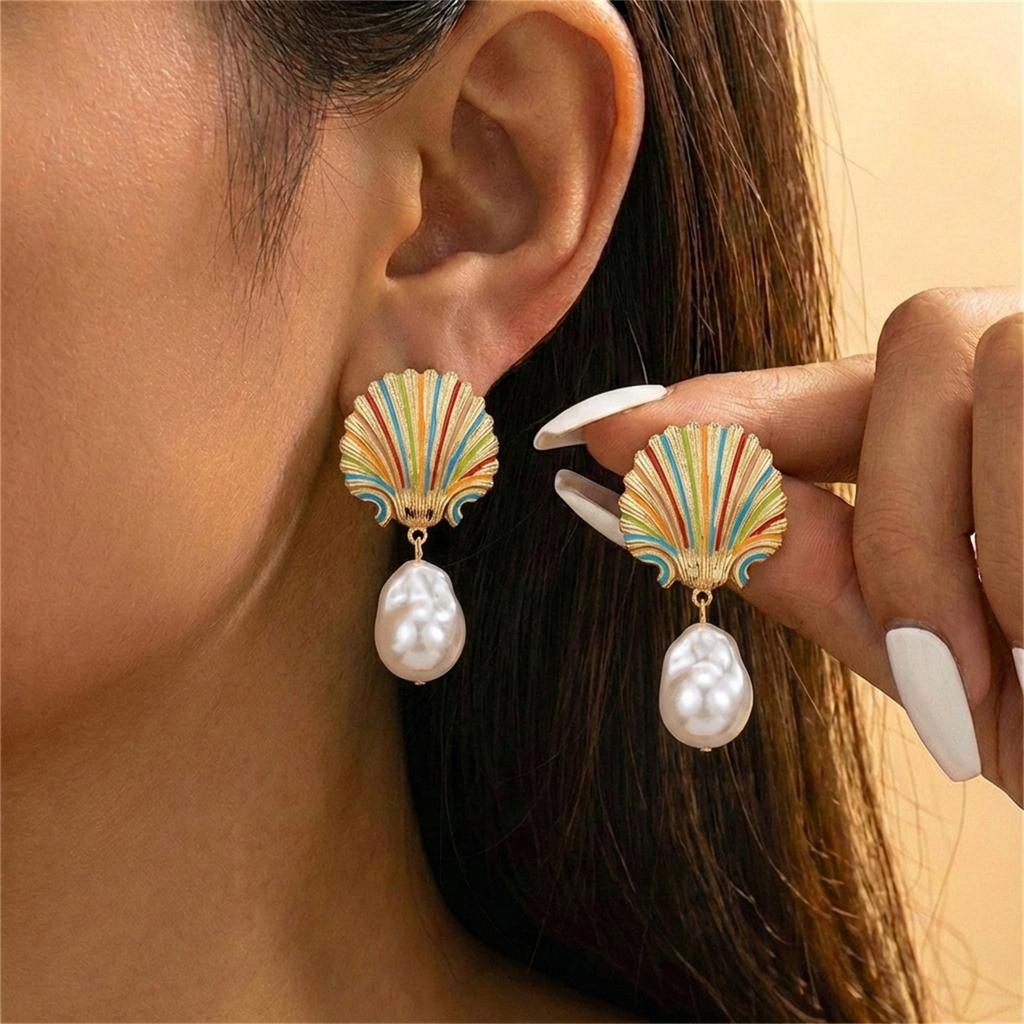 Colorful Enamel Shell Conch Starfish Imitation Pearl Earrings Ocean Style Vacation Accessory Women's Fashion Trend