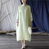 Johnature Women Green Ramie Chinese Style Dress Stand Long Sleeve Print Floral A-Line Dress Autumn Button Vintage Dress