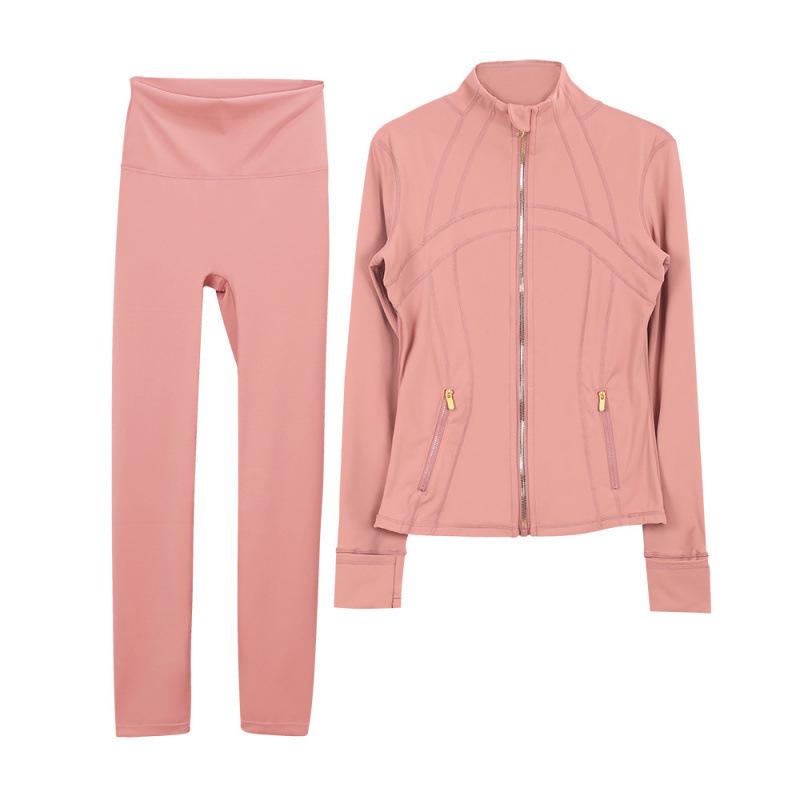 Lulu Original Yoga Anzug: Schnelltrocknendes Set mit Stehkragenjacke & Elastischer Neun-Punkt-Hose, Goldener Reißverschluss.