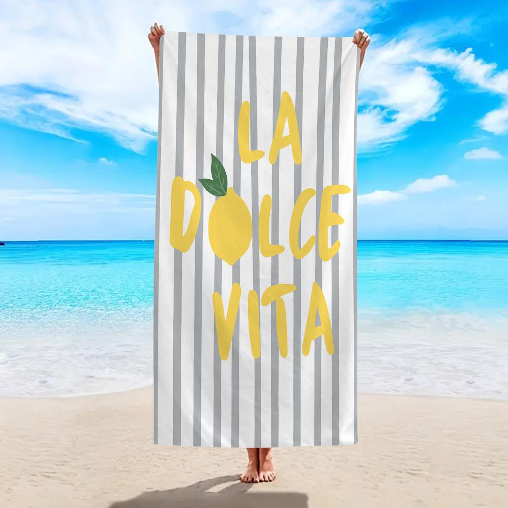 1pc striped lemon "La Dolce Vita" printed beach towel, a multifunctional beach towel suitable for camping, vacation and swimming