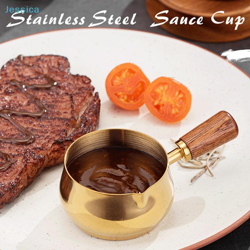Stainless Steel Single Handle Sauce Cup with Wooden Grip - Gold/Silver Double Color Food-Grade Dipping Bowls for Kitchen Dining