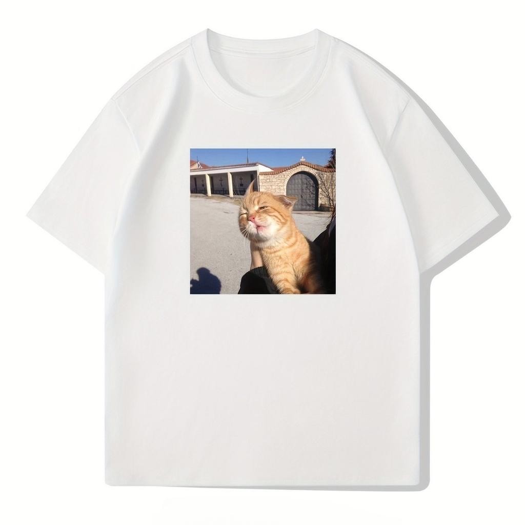 Men Casual Crew Neck TShirt Cotton Short Sleeve Tee with Cat Print Summer Fashion Top with Slight Stretch