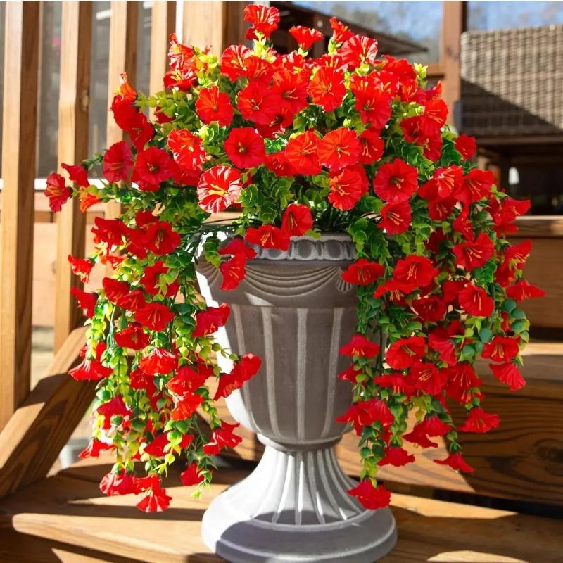 Artificial Hanging Flowers Plants Faux Silk Purple Morning Glory Long Vines UV Resistant Realistic for Garden Balcony Decor