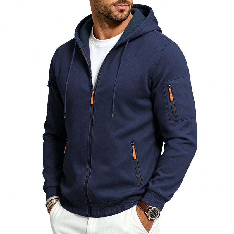 Men's Solid Zip‑Up Hooded Sweatshirt Casual Drawstring Hoodie Jacket Long Sleeve Arm Pocket Sports Outerwear for Male