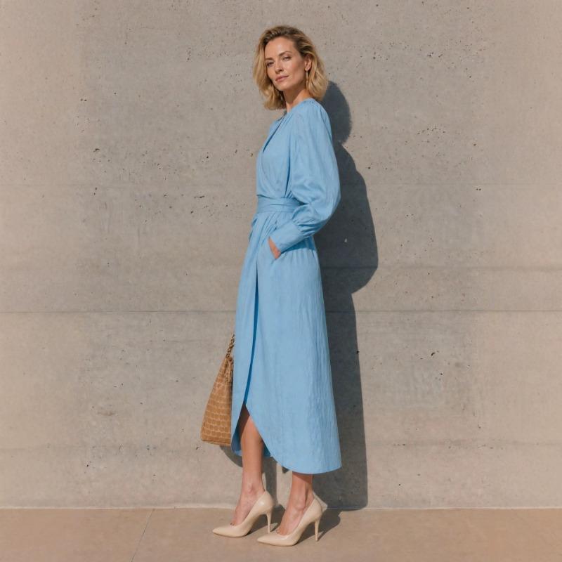 Women S V Neck Long Sleeve Wrap Tie Waist Long Dress
