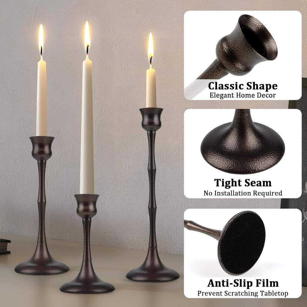 Vintage Metal Candlestick Holders, Set of 3 Bronze Candle Holders for Candlesticks Antique Taper Candle Stands Candle Sticks Holder for Housewarming