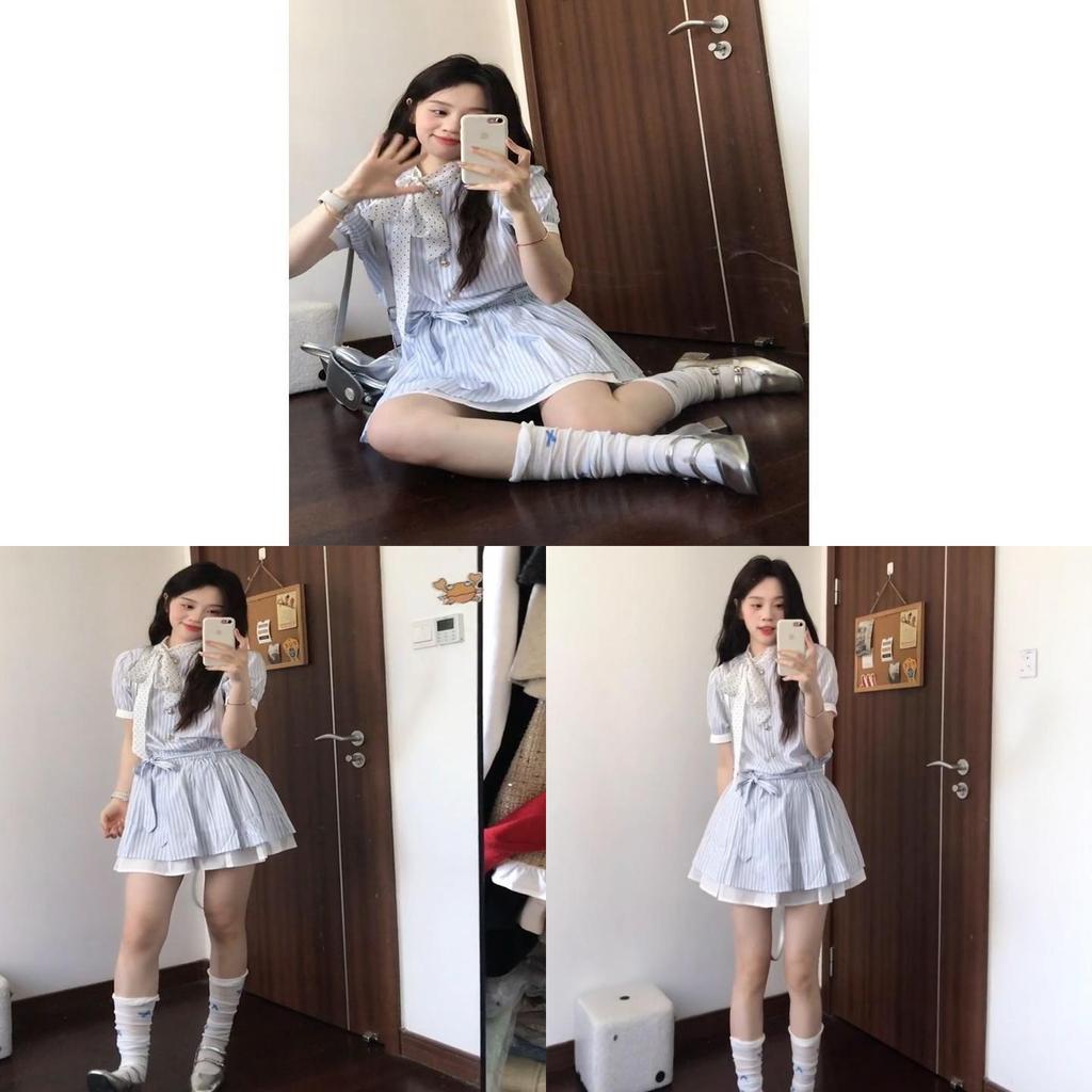 Summer Korean Style Polka Dot Striped Tiewaist Dress For Women