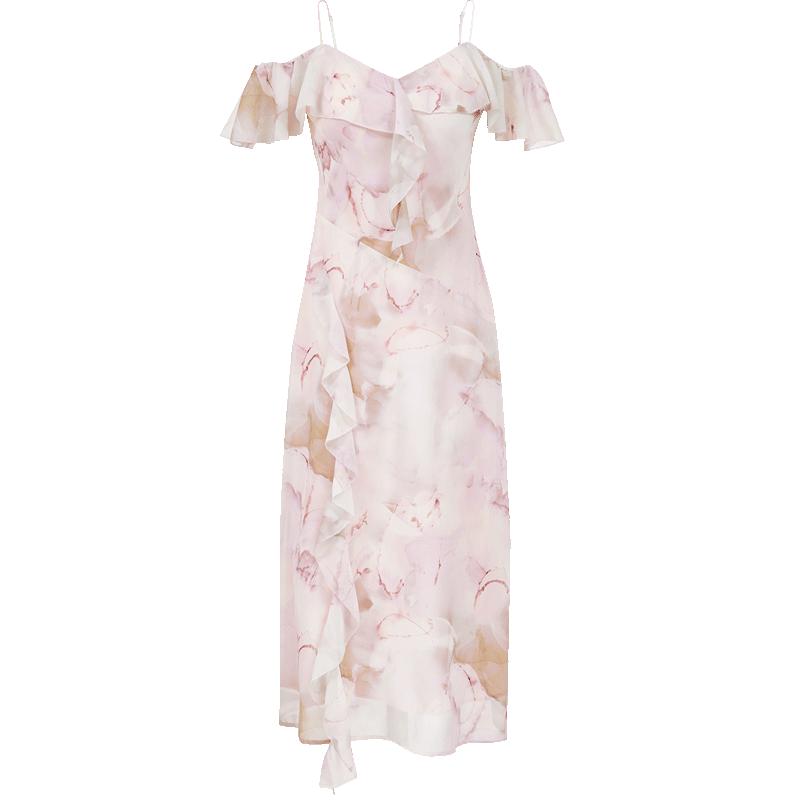 ONLY Women's Printed Ruffled V-Neck Strap Midi Dress