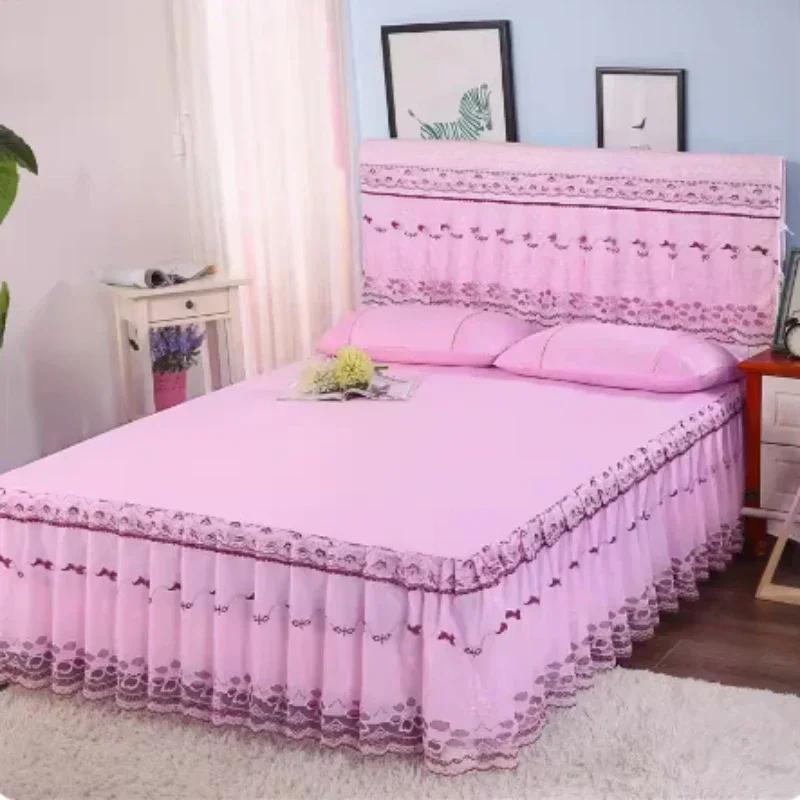 Prinzessinnenstil Bettrock Tagesdecke Einteilig Spitze Bettüberwurf Klein Frisch Rosa Anti-Rutsch und Staubdicht Bettlaken