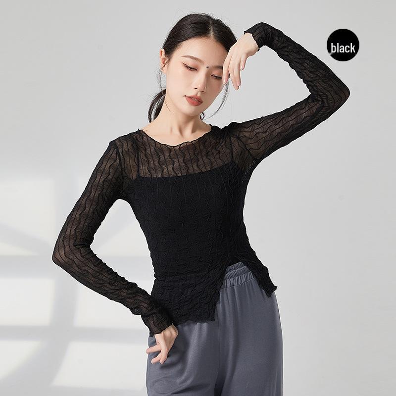 Women s French Lace Top: Elegant, Slightly See-through, Slim-Fit Mesh Knitwear with Long Sleeves Large
