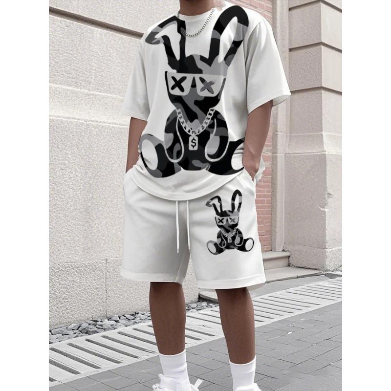 Sommer Herrenmode Cartoon Hase Druck Locker Kurzarm T-Shirt Shorts Sport Lässig Anzug Herren Trendig Vielseitig Atmungsaktiv Zweiteiliges Set