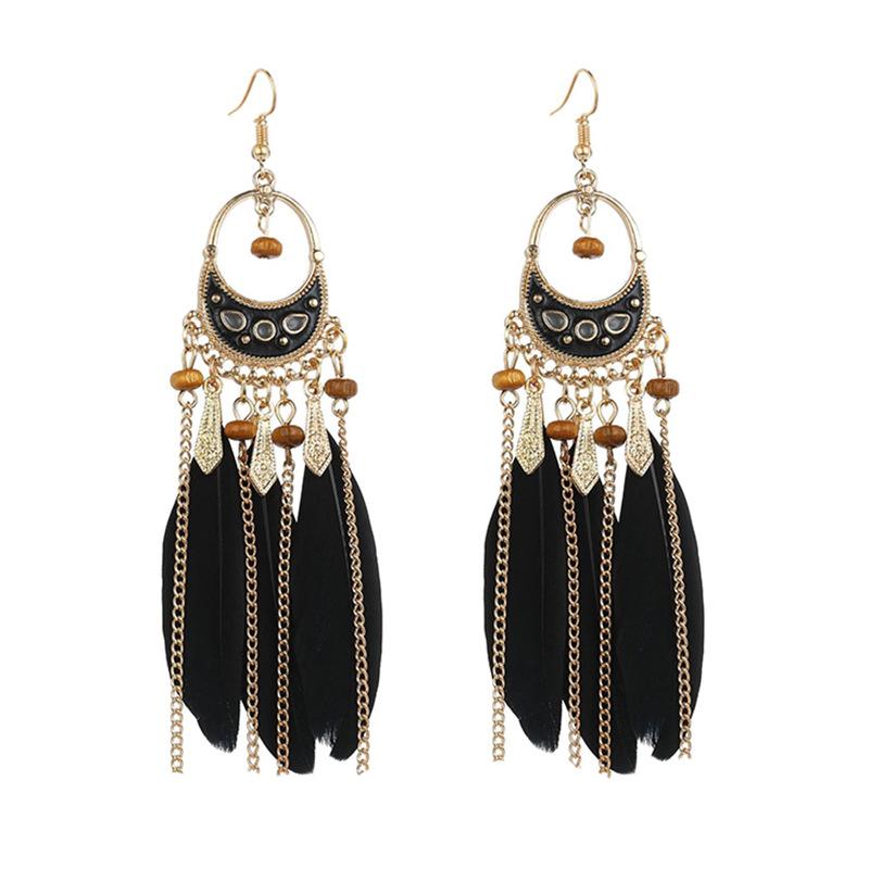 

Bohemian Long Feather Earrings Personality Chain Retro Travel Vacation Earrings Jewelry чёрный