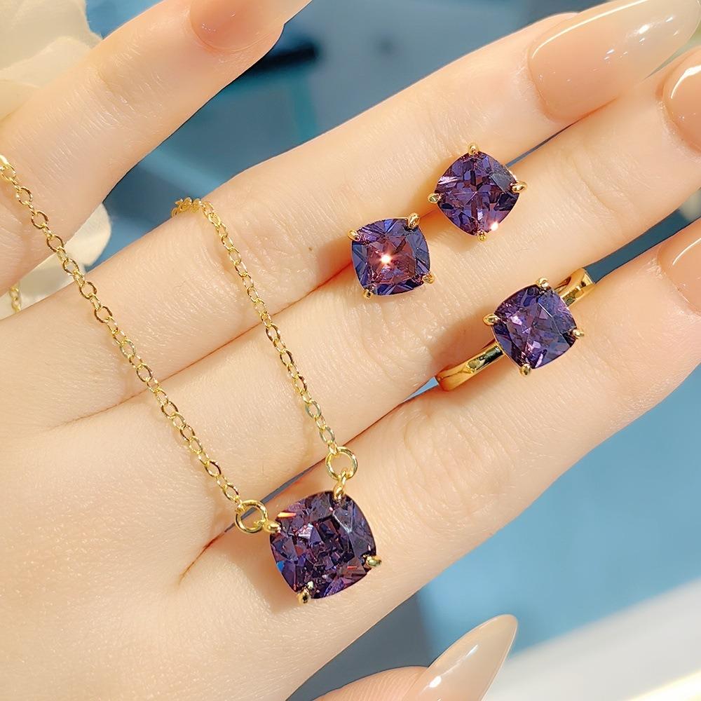 Women Jewelry Set Luxury Yellow Diamond Ice Cut Purple Cushion Pendant Necklace Square Ring Gemstone Earrings