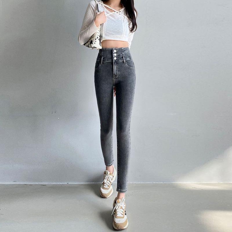 Women's High-Waisted Denim Skinny Pants, Winter Style – Elastic, Slim-Fit, Tummy-Control, Hip-Lifting, Nine-Point Length.