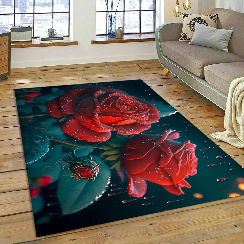 Romantic Red Rose Floral Area Rug with Dark Background for Living Room Bedroom Decor Non Slip Carpet Elegant Style Perfect Gift