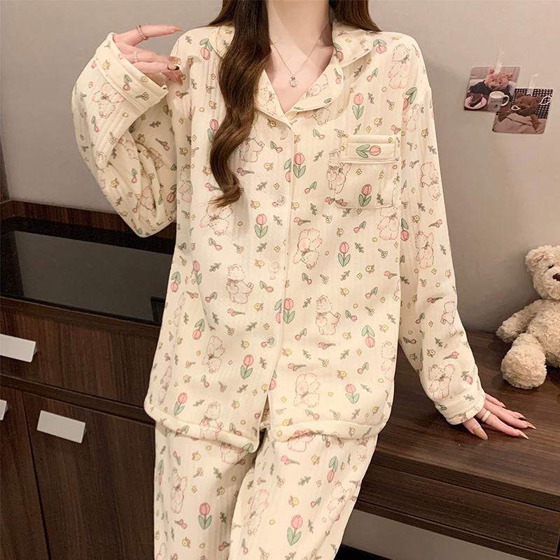 Rabbit Tulip Flower Print Sweet Cute Two Pieces Women's Pajamas Lapel Neck Button Design Pajamas Women French Sleepwear