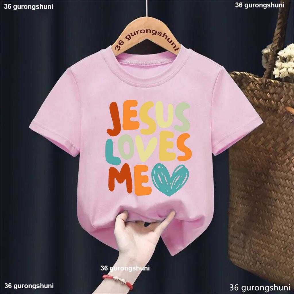 Lustiges Kawaii Kinderkleidung L Ich liebe Jesus Buchstaben bedrucktes T-Shirt Mädchen/Jungen Sommer Weiß/Schwarz/Rosa/Blau/Grau/Gelb T-Shirt