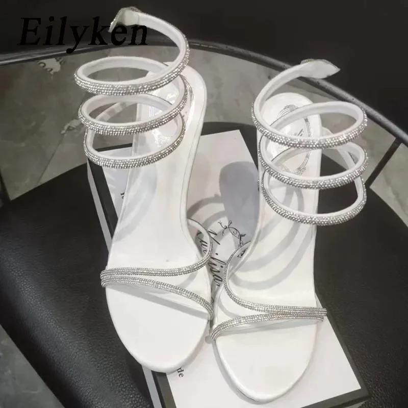 

Summer Street Style Fashion Crystal Stiletto Heels Woman Sandals Sexy Open Toe Wedding Party Prom Ankle Strap Shoes 34 белый