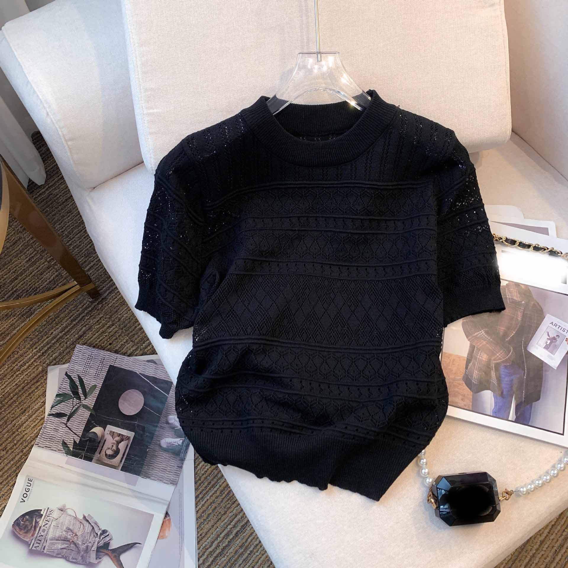 

Жіночий весняно-літній тонкий пуловер з круглим вирізом і ажурним візерунком, універсальний трикотажний топ з коротким рукавом L