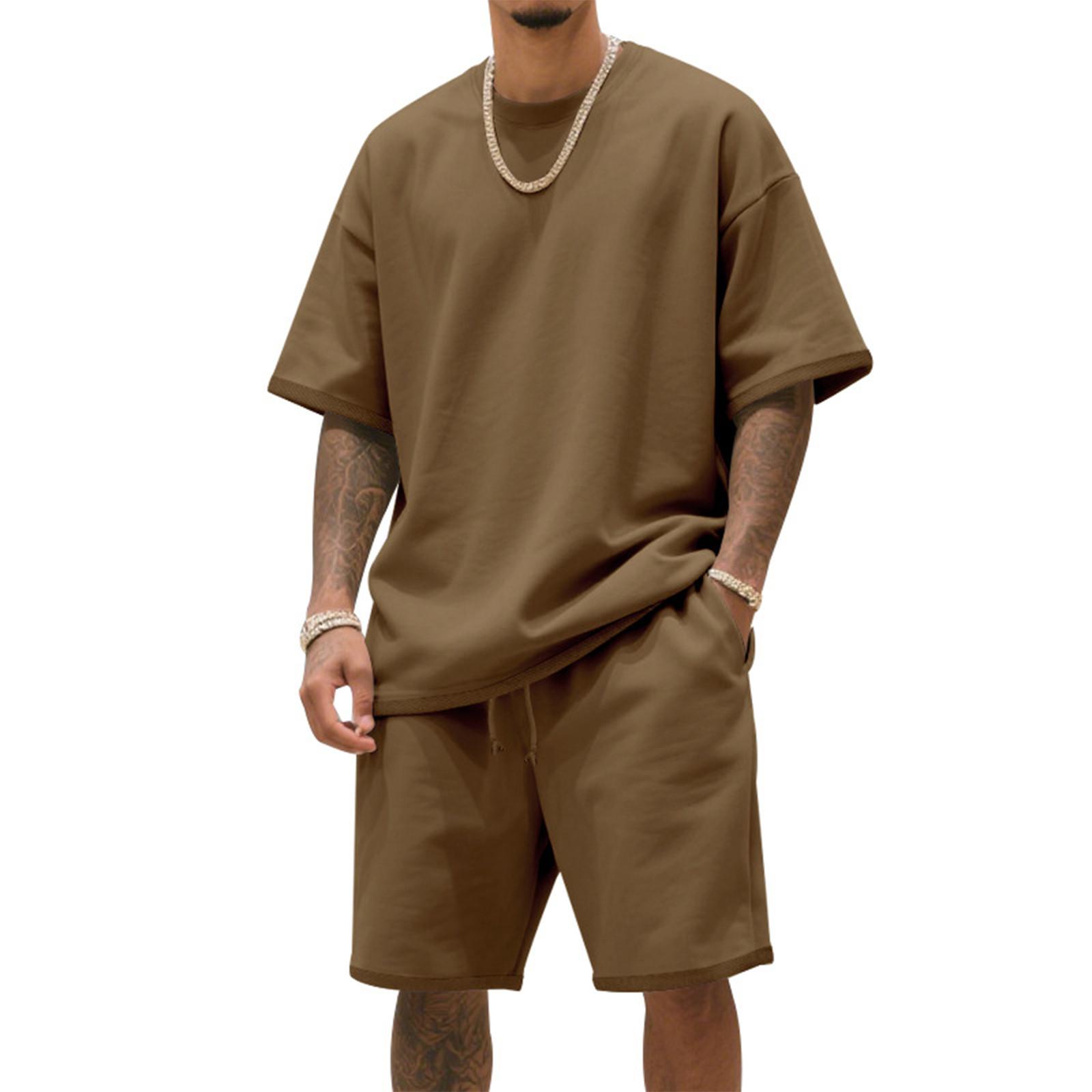 

Men S Color Casual Round Neck Short Sleeved Shorts Two-Piece Set XXXL
