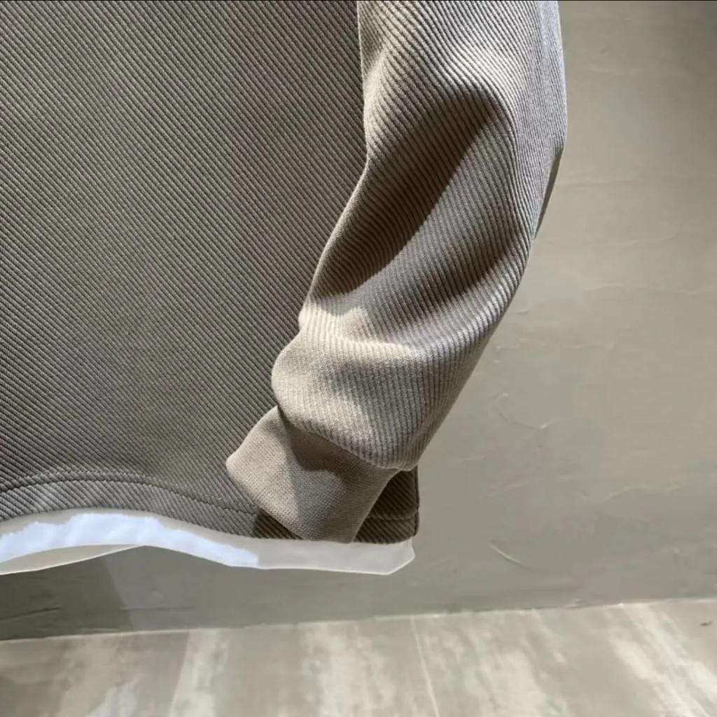 Solid Color Labeling Waffle Round Neck Pullover Loose Version Casual Sweater Men's Long-sleeved Top