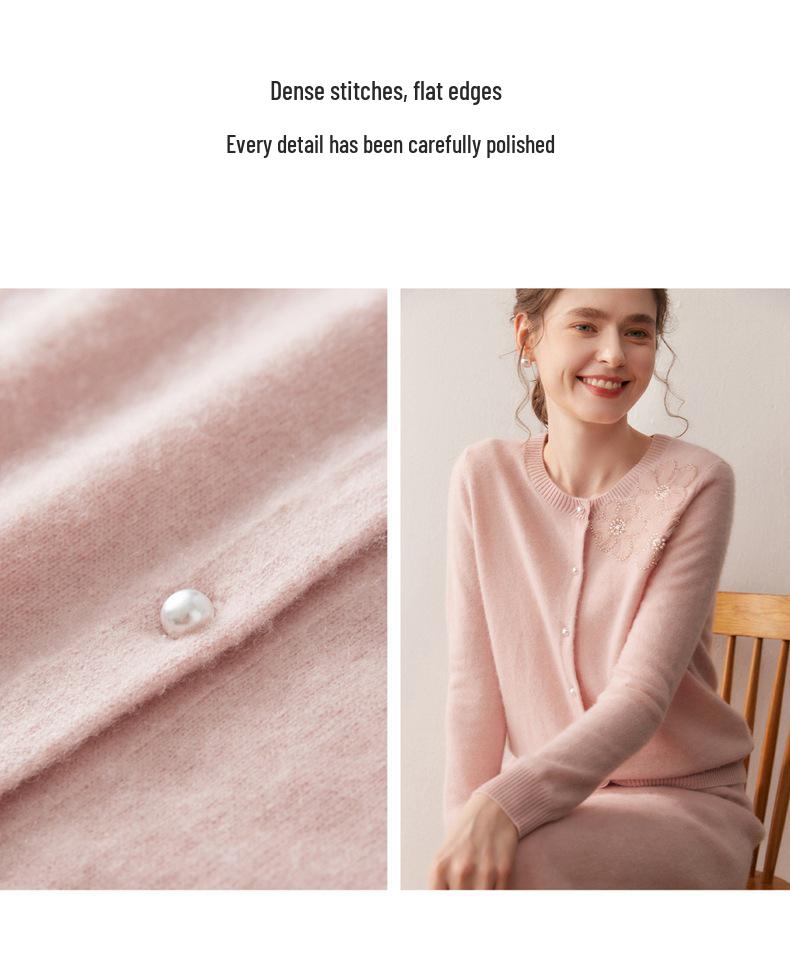 2025 Cashmere Women's Round Neck Cardigan - Pearl Flower Jacquard Design