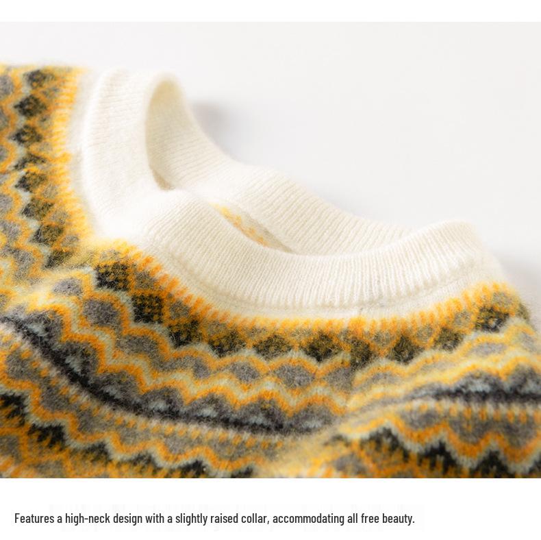 Elegant Retro Fair Isle Jacquard Cashmere Pullover Sweater for Women - Autumn/Winter Collection