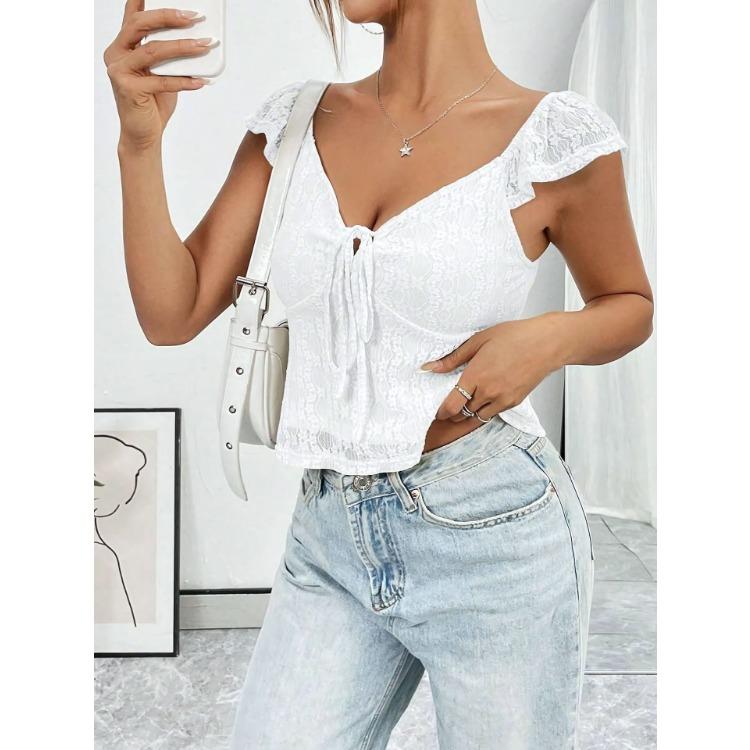 2025 Summer Fashion Casual Blouse Lace Lace Strap V-neck Top