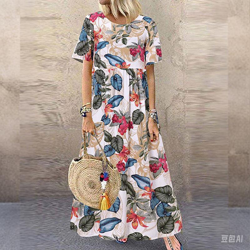 Vestido de Verano con Estampado Floral - Maxi Casual de Cuello Redondo para Mujer de Manga Corta Suelto para Vacaciones en la Playa