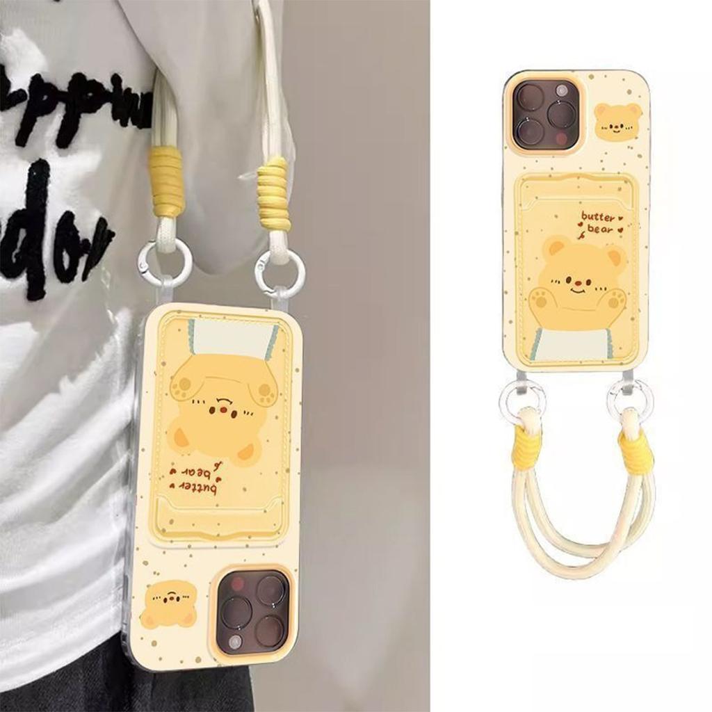 Lanyard Card Holder Mobile Phone Case Yellow Bear Big Hole Cartoon Cute Ins Style High-end Protective Cover Colorful Mobile Phone Case