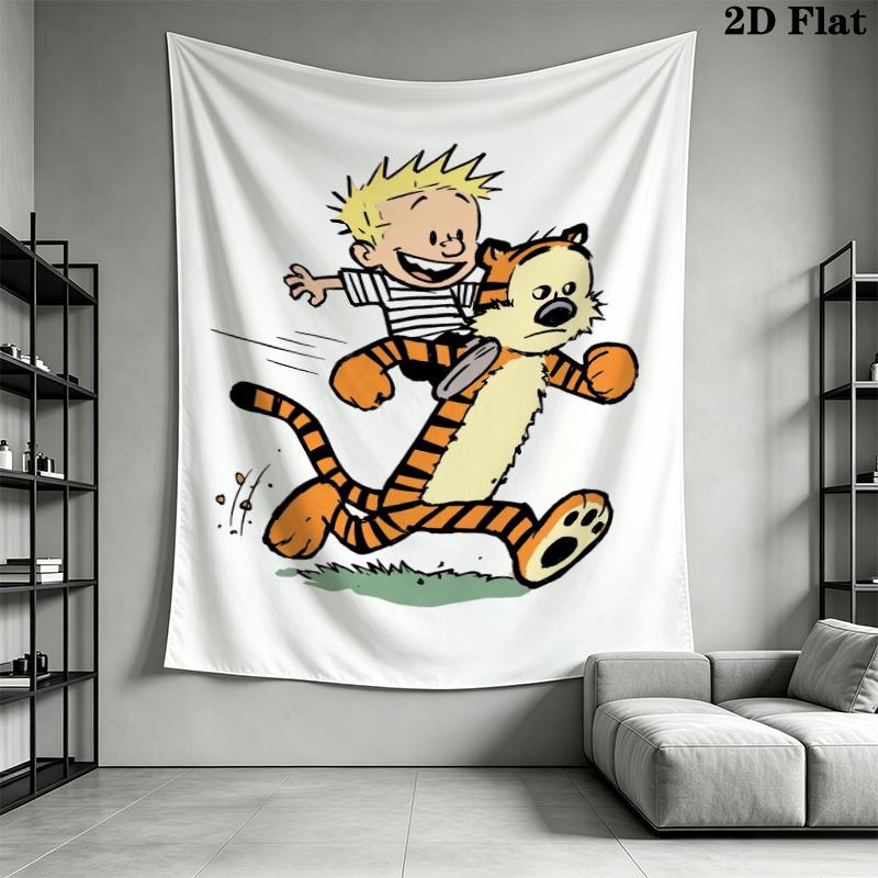 Calvin and Hobbes Wall Tapestry Aesthetic Wall Hanging Printed Fabric Blanket Decorative Tapestries for Bedroom Living Room Home Decor
