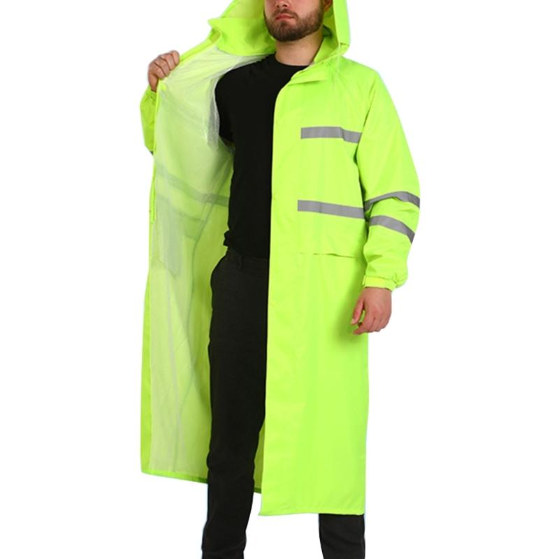 Rain Jacket High Visibility Workwears Safety Concealed Hood Fluorescent Flashing Hooded Long Length Waterproof Work Coat