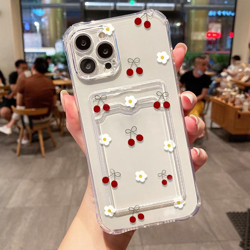 Card Holder Cherry Phone Case For iPhone 13 Funda iPhone 11 16E 16 14 15 Pro Max 12 XR X Xs 7 8 Plus SE Shockproof Silicon Cover