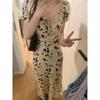 Fashion coffee break French small flying sleeve floral dress summer new design feeling waist and thin temperament medium and long dress