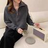 Korean Style Small Horse Embroidery Half-Zip Lapel Pullover Knitwear for Women
