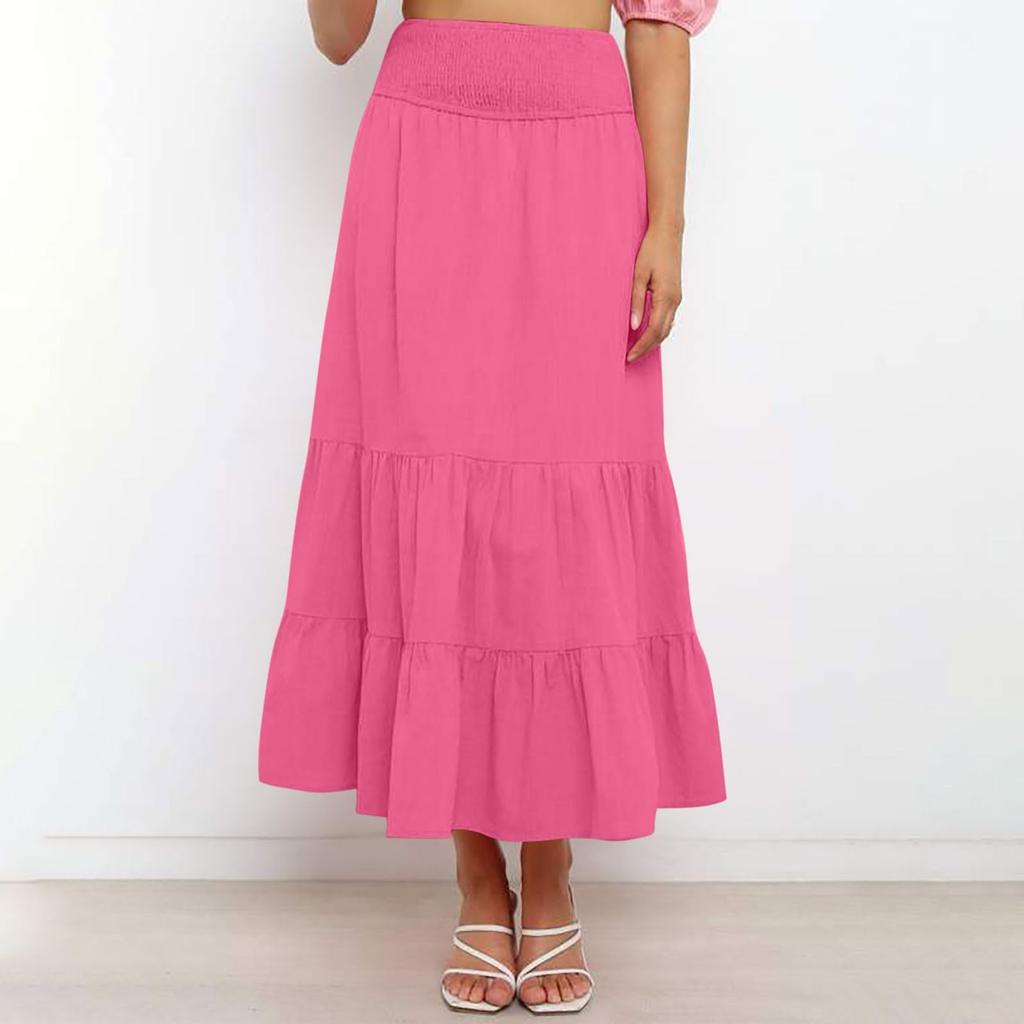 Women's Summer Bohemian Maxi Dress Elastic High Waist Pleated Ruffle Layered Culottes Casual Fashion Solid Color Flowy Skirt