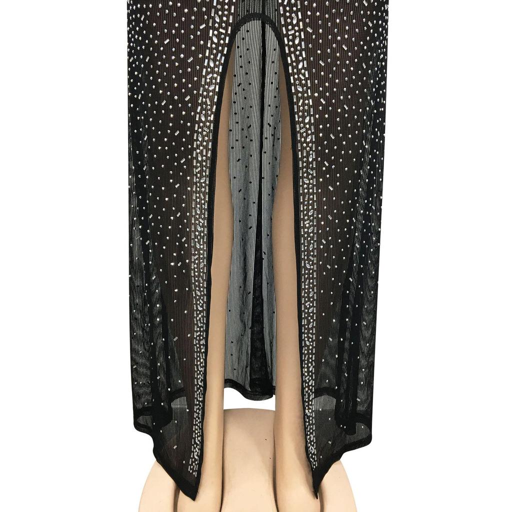 European & American Fashion Women's See-through Mesh Long Sleeve Slit Dress with Hot Drilling Details.