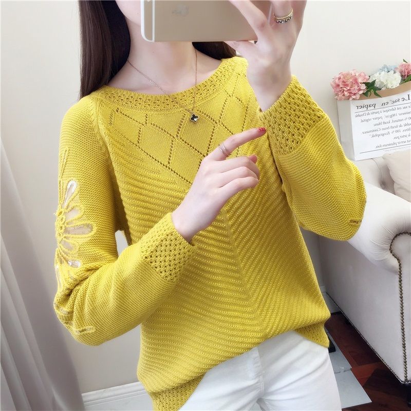 Temperament Spring Autumn New Sweaters Women's O-Neck Lace Embroidered Hollow Out Fashion Long Sleeve Pullovers Knitted Tops
